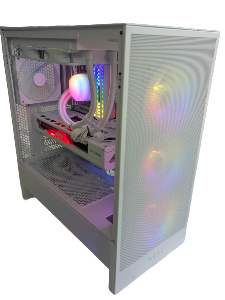 CC Argon custom gaming computer with Ryzen 9 7900X CPU and RX 7800 Xt GPU built in a white case with a large window and ARGB lights