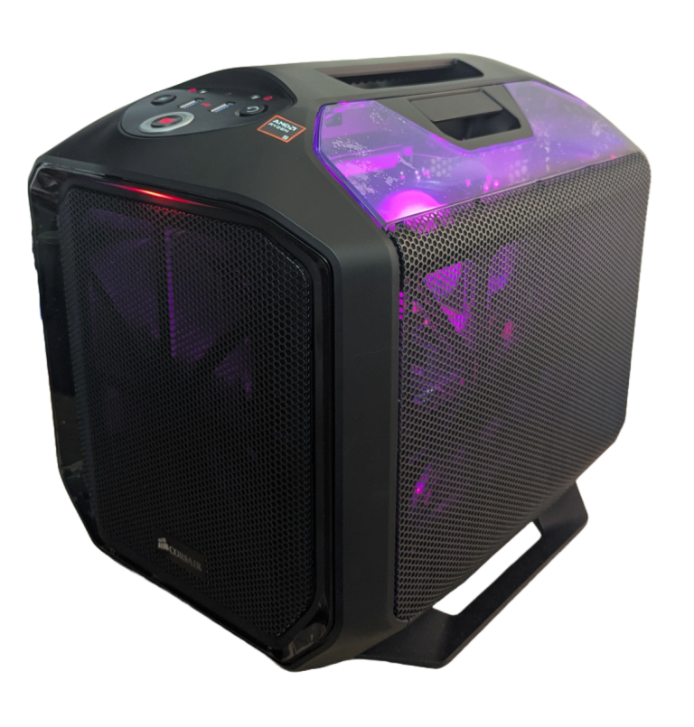 Centaurus Computers Cassandra computer with Ryzen 7 CPU and case with side window and red LEDs. Radeon RX 9060 XT GPU for high-FPS gaming