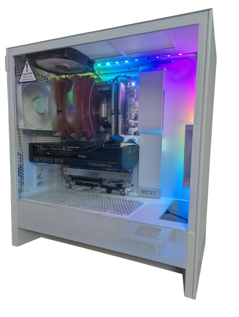 Centaurus Argon custom desktop with white panoramic window case and Intel Core Ultra 7 CPU paired with Nvidia RTX 4070 SUPER GPU