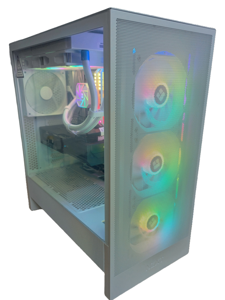 CC Argon custom gaming computer with Intel Ultra 7 265K CPU and RTX 4070 SUPER GPU built in a white case with a large window and ARGB lights