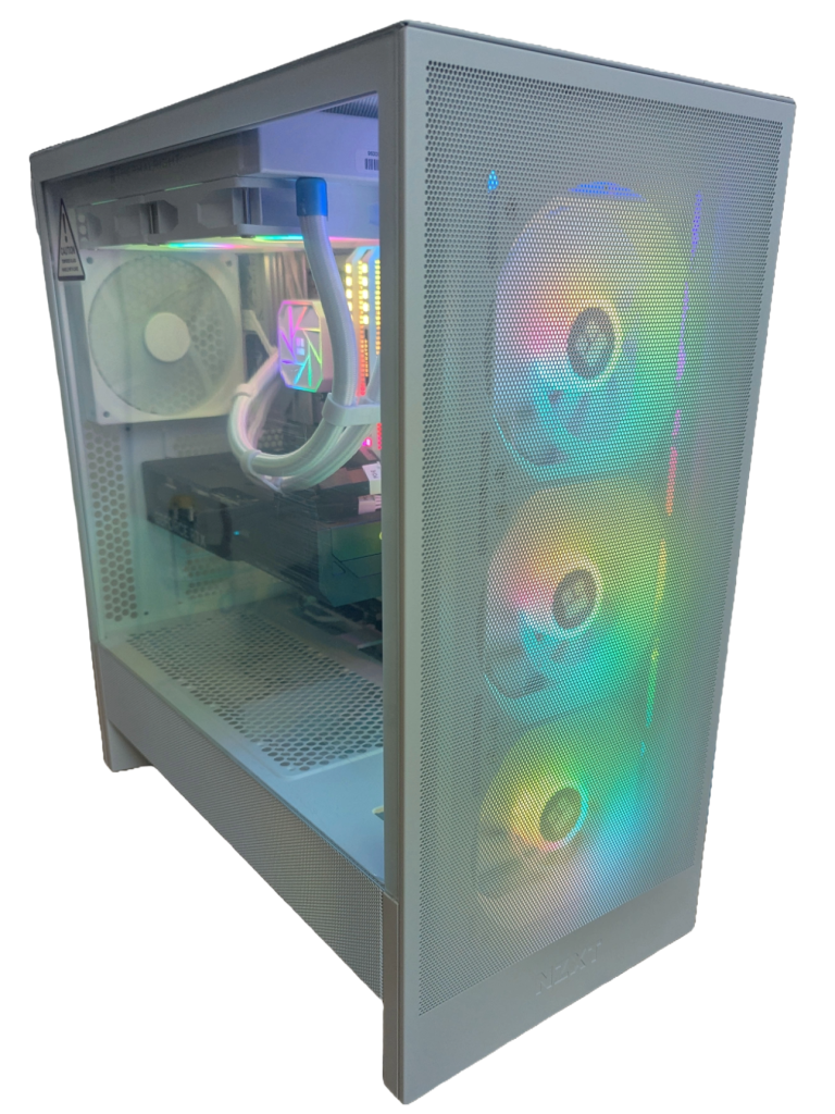 CC Argon custom gaming computer with Intel Ultra 7 265K CPU and RTX 4070 SUPER GPU built in a white case with a large window and ARGB lights