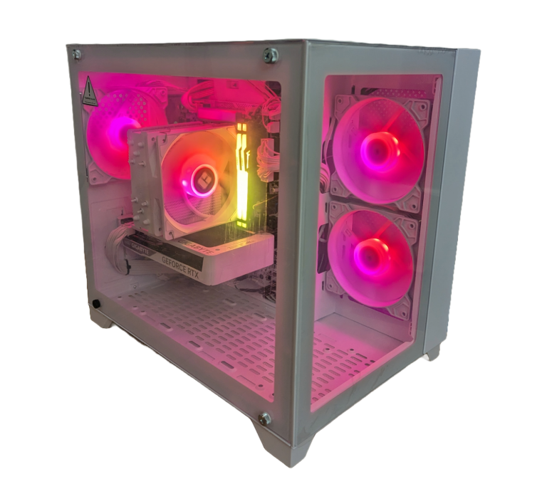 CC Monolith custom gaming computer with Intel i9 12900K CPU built in a compact white case with a panoramic window and ARGB lights