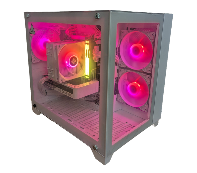 CC Monolith custom gaming computer with Intel i9 12900K CPU built in a compact white case with a panoramic window and ARGB lights