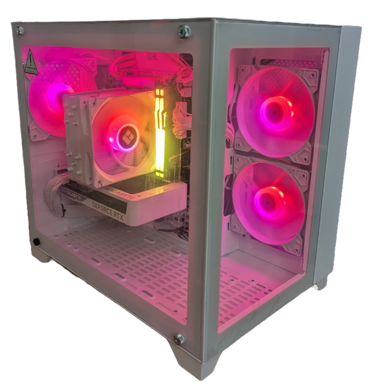 Centaurus Monolith custom desktop with white panoramic window case and Intel i9 CPU paired with Intel ARC B570 GPU